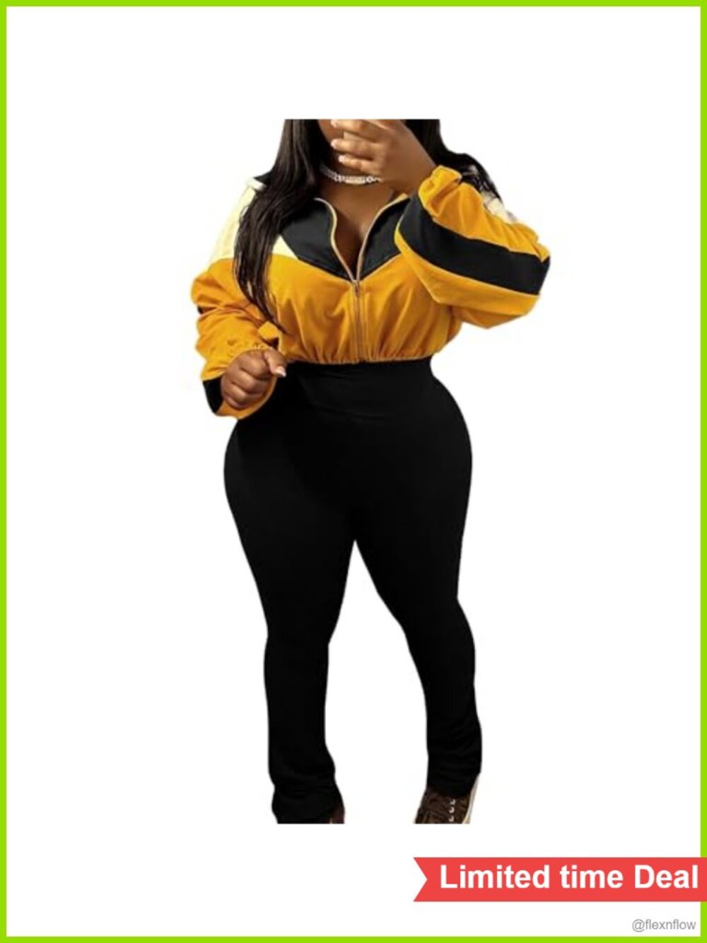 Women 2-Pc Tracksuit Color Block Zip-Up Cropped Jacket Flared Leggings Set